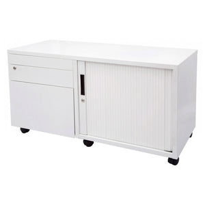 Rapidline Go mobile caddy in White China front view, with the tambour door on the right, pedestal drawers on the left and castors.