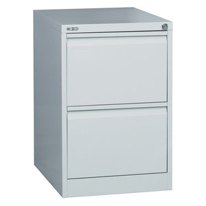 Rapidline Go 2 drawer vertical filing cabinet in Silver Grey shown at a front angle with all drawers closed.
