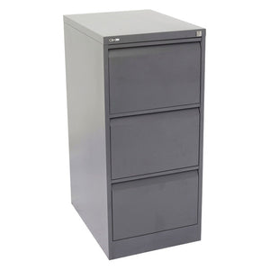 Rapidline Go 3 drawer vertical filing cabinet in Graphite Ripple shown at a front angle with all drawers closed.