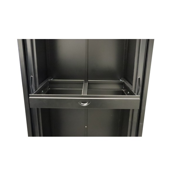 Front view of an empty black Go roll out file frame pushed into a black tambour cupboard