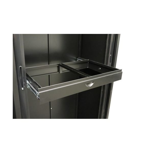 Angled view of the black Go roll out file frame extended from a black tambour cupboard, runners visible
