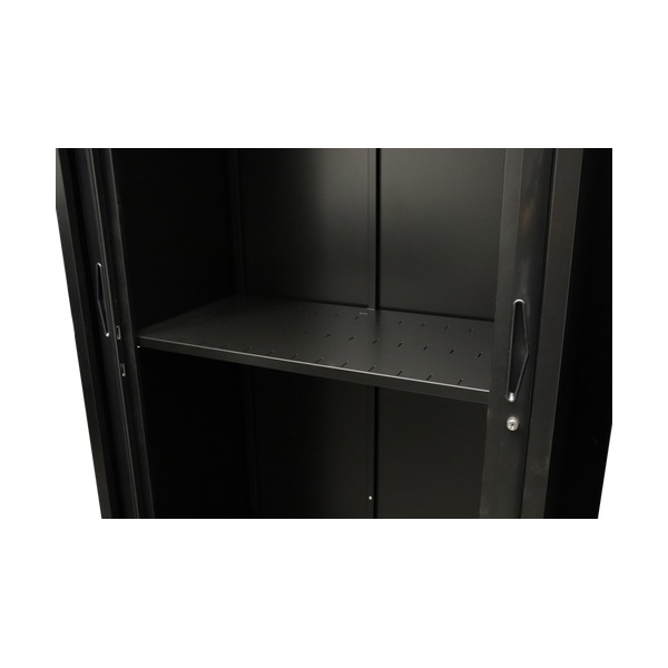 Black Rapidline Go slotted shelf fitted inside an open black tambour cupboard, slots visible across the shelf surface
