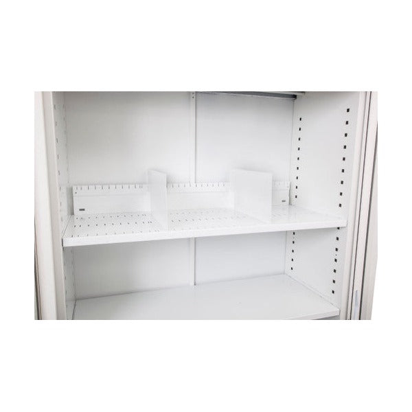 White Go slotted shelf with dividers fitted inside an open white tambour cupboard, with a plain shelf below