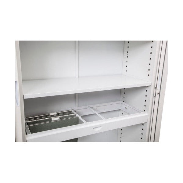 White Go roll out file frame with suspension files sitting below a shelf inside an open white tambour cupboard