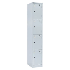 Rapidline Go 4 door steel locker in silver grey, 305mm wide and 1830mm high, front three-quarter view with all four stacked doors closed