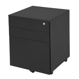 Rapidline Go steel mobile pedestal in Black Satin with three drawers closed and a key lock on the top drawer, shown on castors.