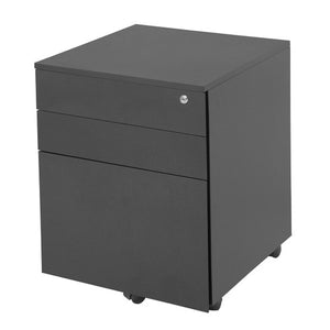 Rapidline Go steel mobile pedestal in Graphite with three drawers closed and a key lock on the top drawer, shown on castors.