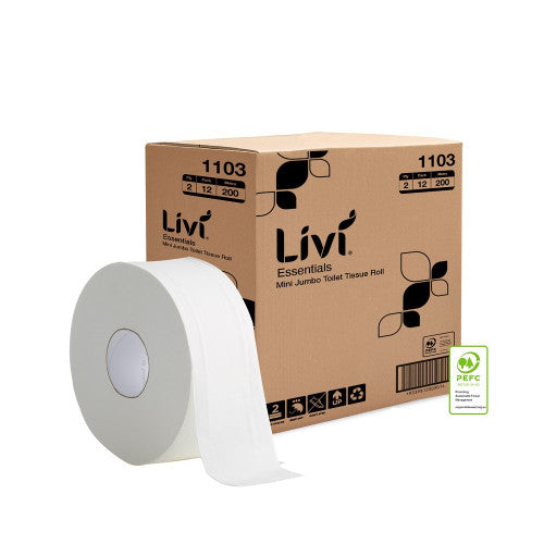 Livi 1103 Essentials Junior Jumbo Roll Toilet Embossed 2 Ply 200m Carton 12