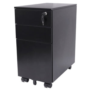 Rapidline Go slimline steel mobile pedestal in Black Satin with three drawers closed and a key in the top drawer lock.