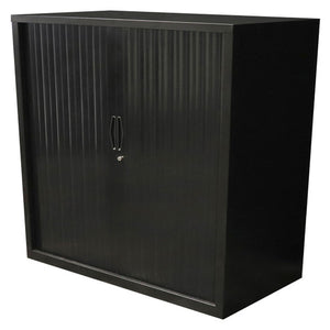 Rapidline Go tambour door cupboard in Black Satin, 1200mm wide and 1016mm high, shown from the front corner with both tambour doors closed.