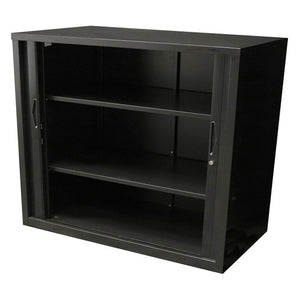 Rapidline Go tambour door cupboard in Black Satin with the tambour doors rolled back to show the two adjustable shelves inside.