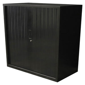Rapidline Go tambour door cupboard in Black Satin, 900mm wide and 1016mm high, shown from the front corner with both tambour doors closed.