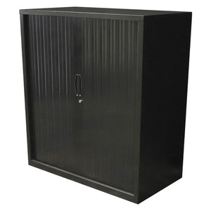 Rapidline Go tambour door cupboard in Black Satin, 1200mm wide and 1200mm high, shown from the front corner with both tambour doors closed.