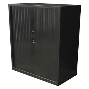 Rapidline Go tambour door cupboard in Black Satin, 900mm wide and 1200mm high, shown from the front corner with both tambour doors closed.
