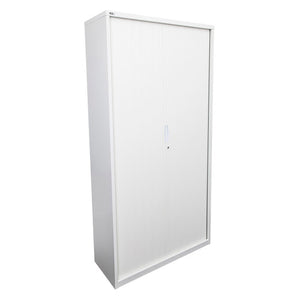 Rapidline Go tambour door cupboard in White China, 900mm wide and 1981mm high, shown from the front corner with both tambour doors closed.