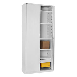 Rapidline Go tambour door cupboard in White China with the tambour doors rolled back to show the five adjustable shelves inside.