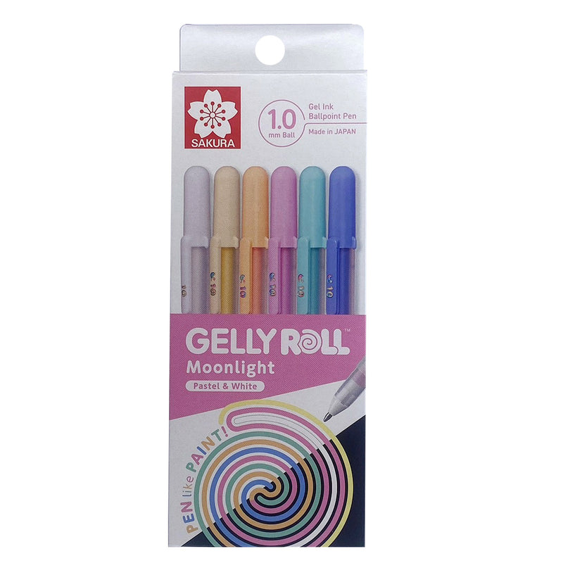 Sakura Gelly Roll Moonlight Pastel and White six-pen box with pastel pens visible in the window