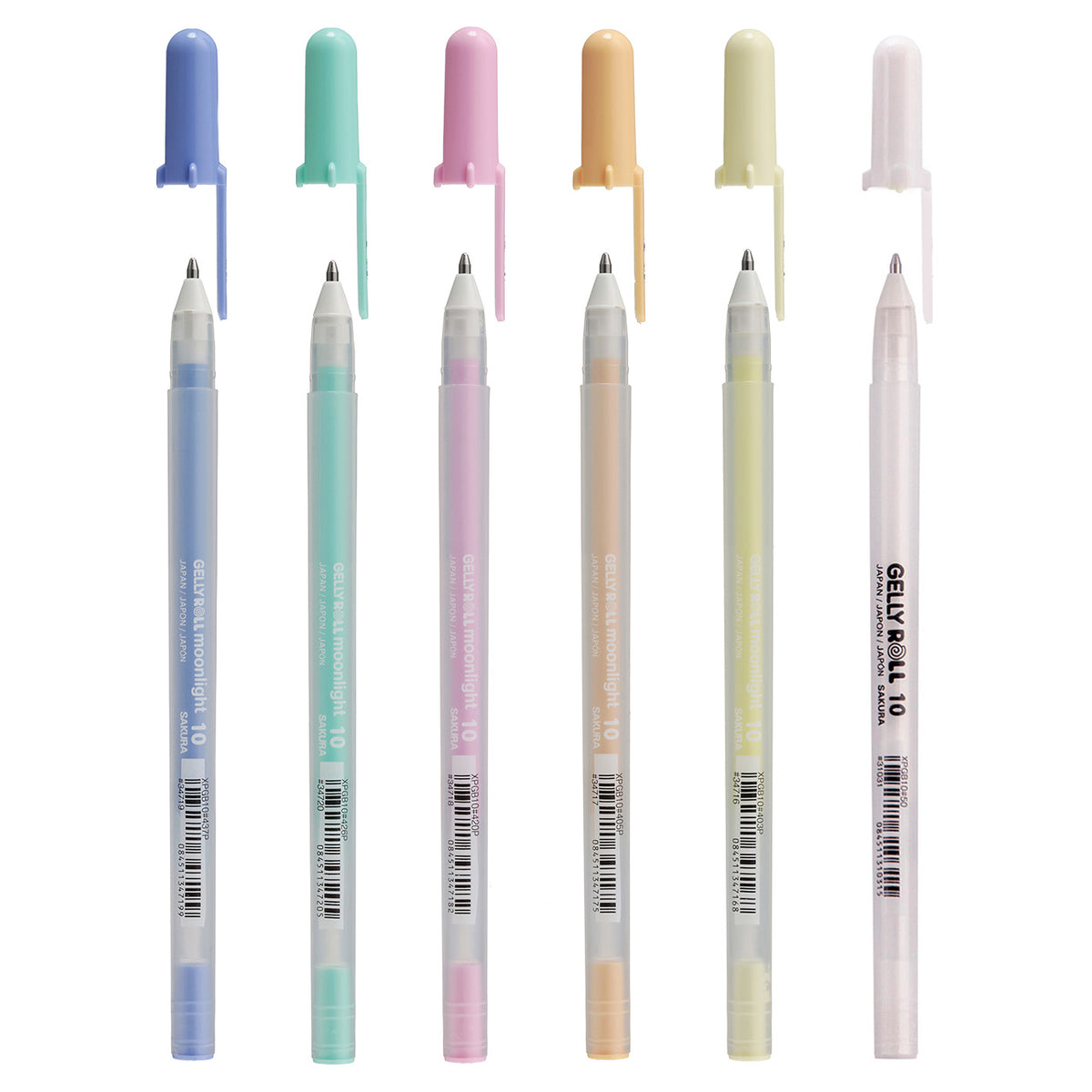 Six pens in pastel blue, green, pink, orange, yellow and white standing with caps above