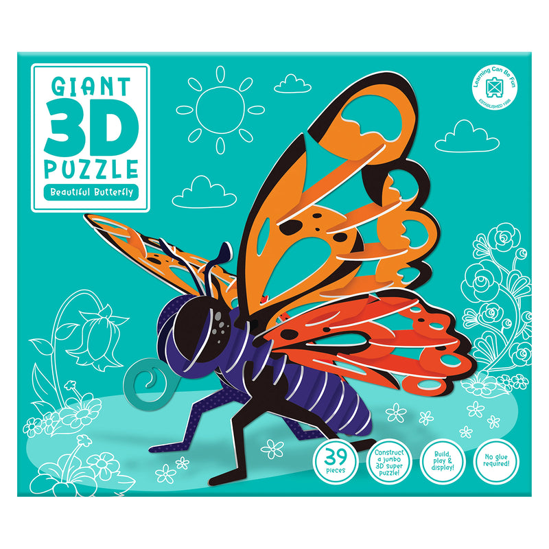 Retail packaging for Learning Can Be Fun Giant 3D Puzzle Beautiful Butterfly with bright teal garden themed design