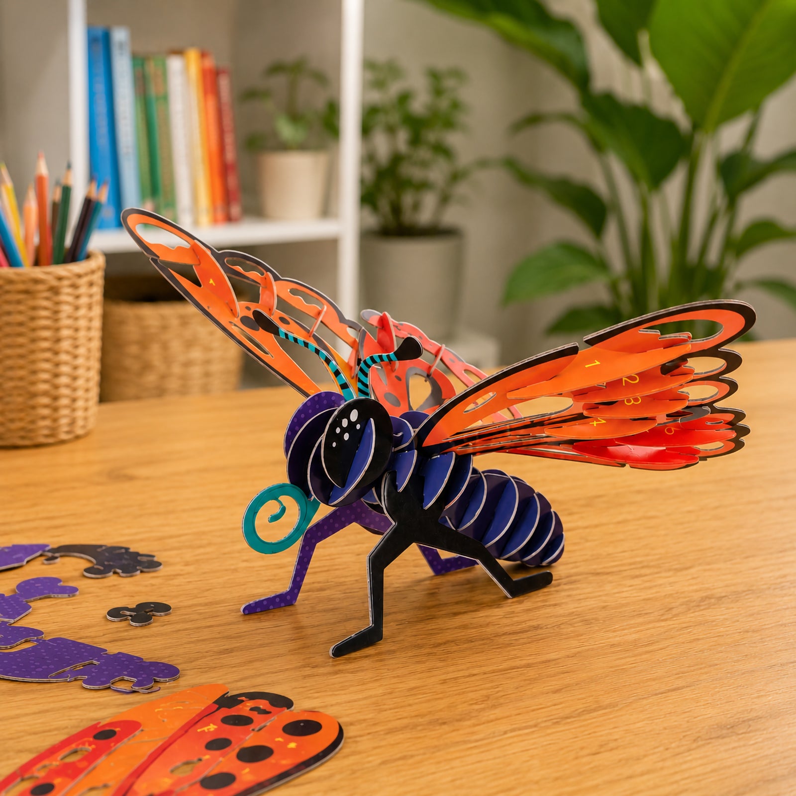 Completed 3D butterfly puzzle displayed on a table with orange wings, purple body and teal detail