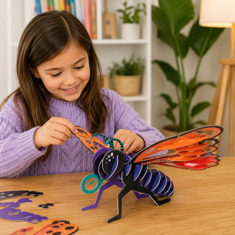 Child assembling a colourful giant 3D butterfly puzzle on a wooden table in a bright learning space