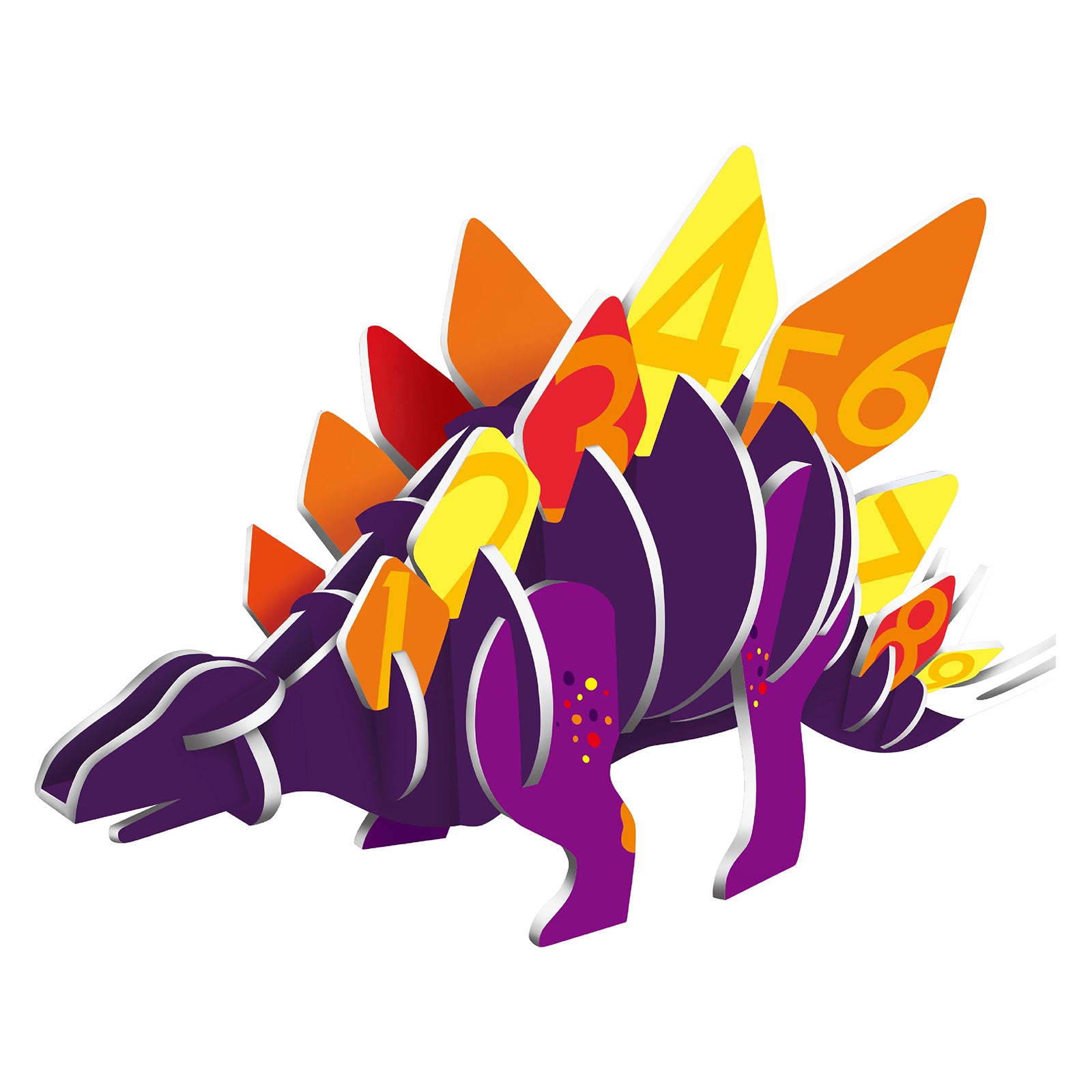 Clean product image of the completed Giant 3D Puzzle Stomping Stegosaurus isolated on a plain background, clearly showing the 3D structure, colourful numbered plates and assembled form.