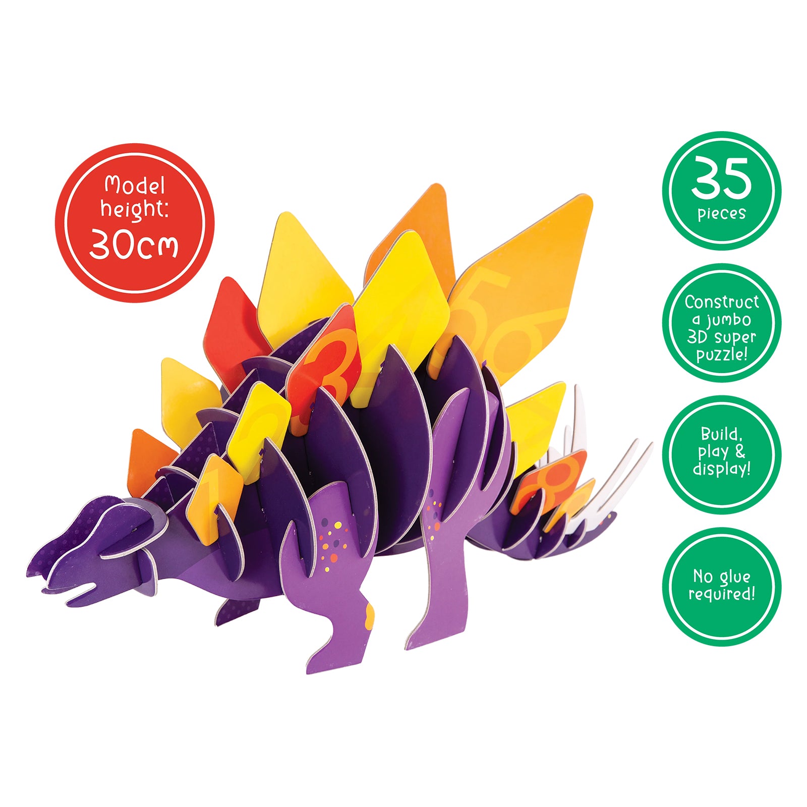 Product feature graphic displaying the completed stegosaurus model with key information including 35 pieces, 30 cm model height, build play and display functionality and no glue required assembly.