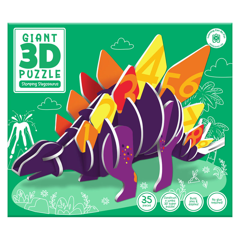 Retail packaging artwork for the Learning Can Be Fun Giant 3D Puzzle Stomping Stegosaurus featuring product imagery, educational benefits and colourful prehistoric themed design.