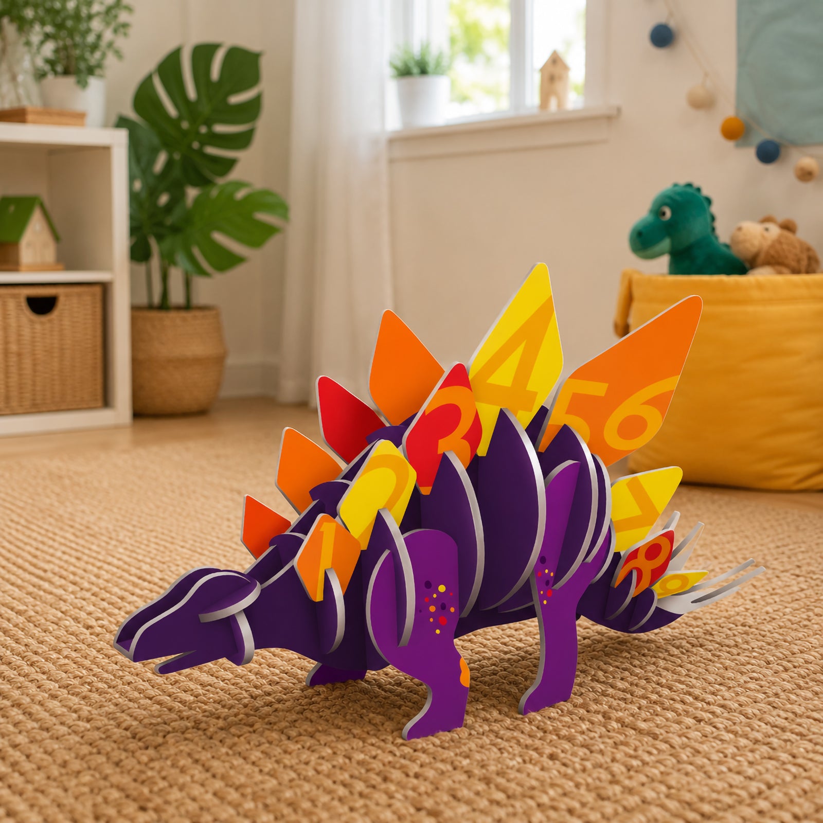 Side angle view of the assembled stegosaurus puzzle highlighting the bright yellow, orange and red numbered plates, sturdy card construction and detailed prehistoric design.