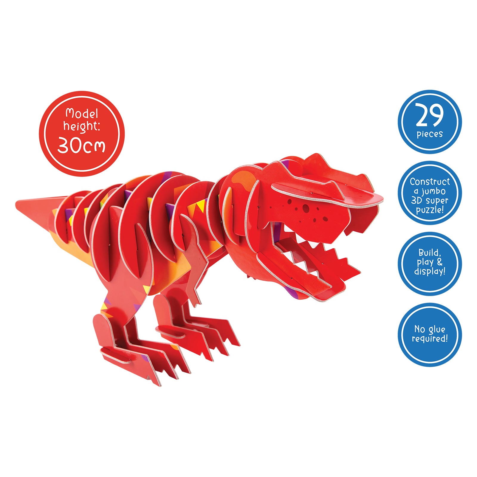 Product feature graphic showing the completed T. Rex model with key details including 29 pieces, 30 cm model height, build play and display functionality and glue free assembly.