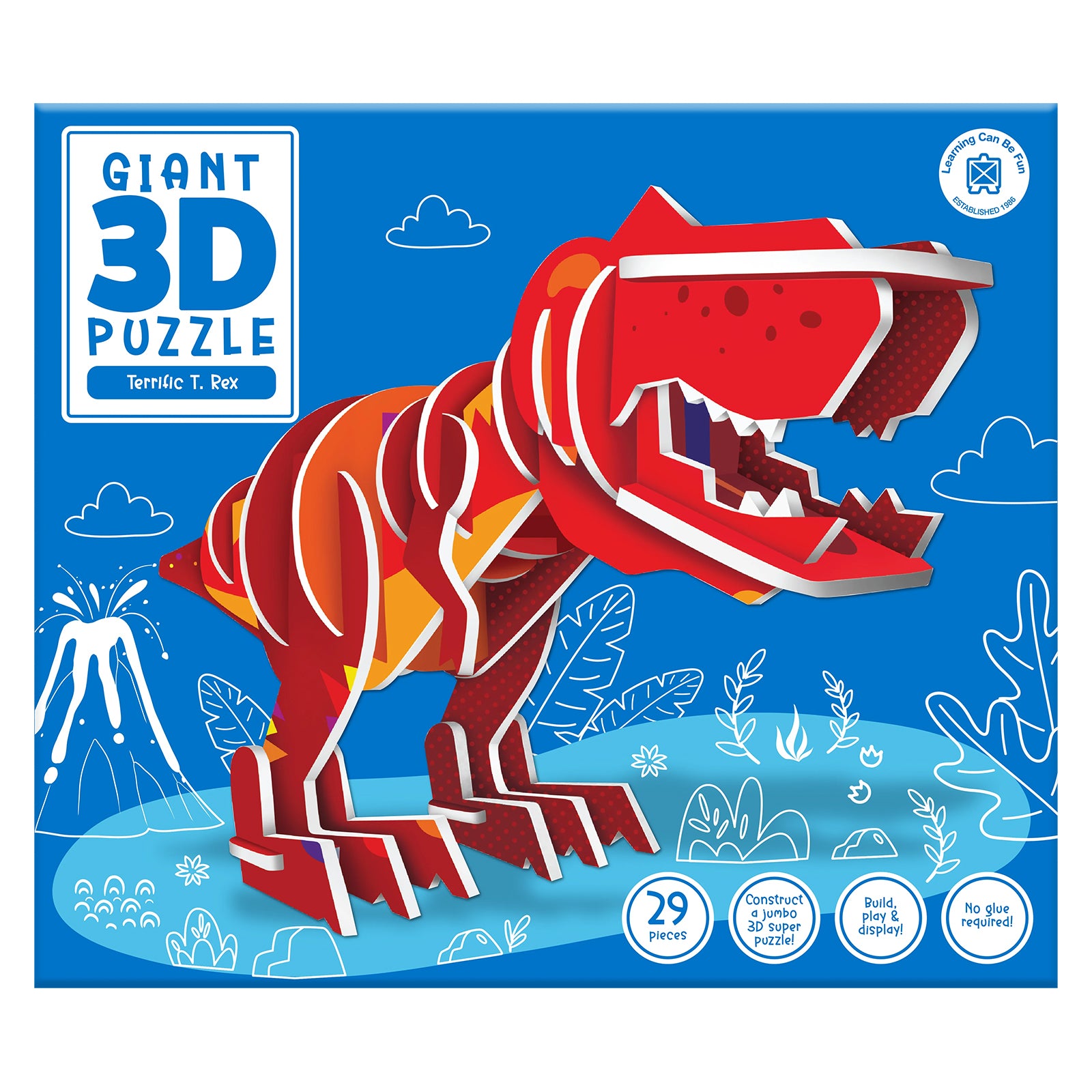 Retail packaging artwork for the Learning Can Be Fun Giant 3D Puzzle Terrific T. Rex featuring colourful dinosaur themed graphics and educational product information.