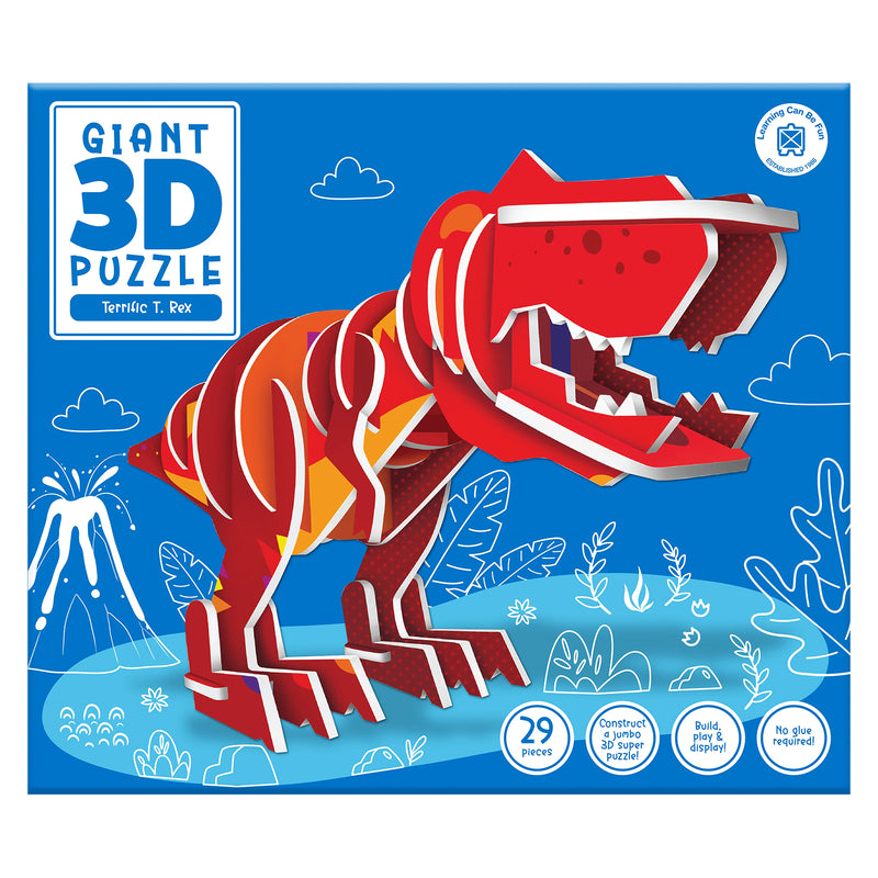 Retail packaging artwork for the Learning Can Be Fun Giant 3D Puzzle Terrific T. Rex featuring colourful dinosaur themed graphics and educational product information.