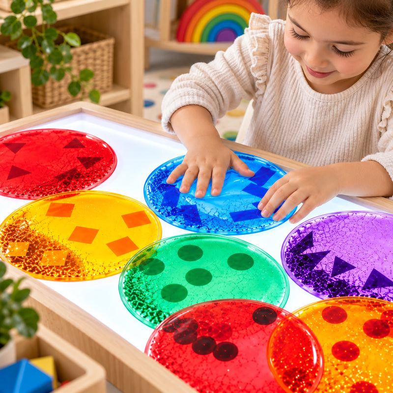 Young child exploring the MTA Essentials Giant Squidgy Sparkle Circles on an illuminated learning table. Bright red, yellow, blue, green, purple and orange tactile circles reveal floating geometric shapes and sparkling liquid while the child presses a blue circle for hands on sensory discovery.