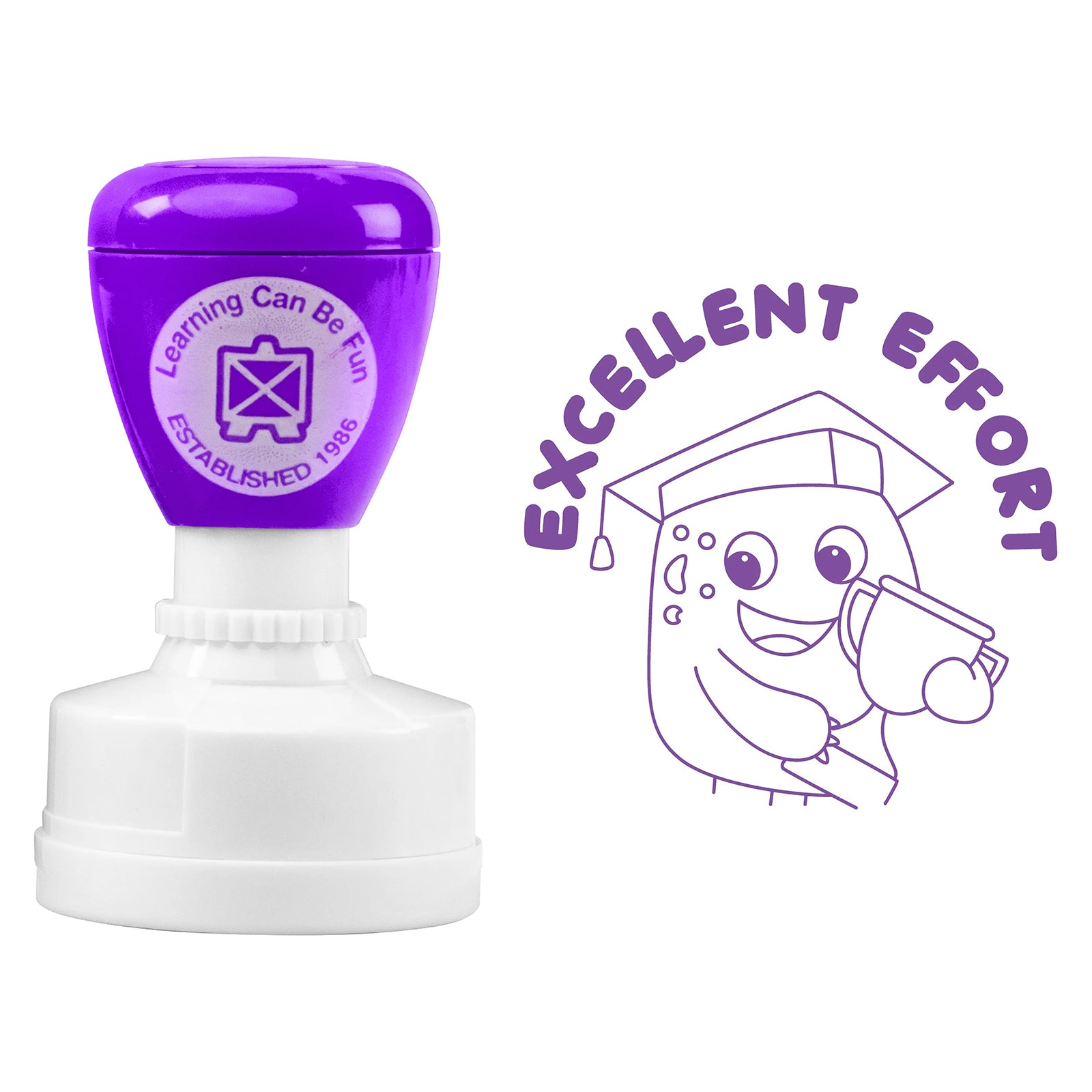 Product focused image showing the Excellent Effort self inking stamp alongside its stamped impression on a clean background. The detailed character artwork and clear text highlight the quality and visibility of the teacher reward stamp.