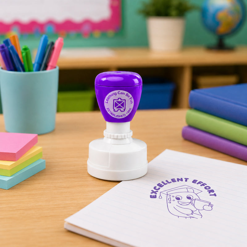Purple self inking Excellent Effort merit stamp displayed on a classroom desk beside colourful stationery and notebooks. The stamp creates a clear purple impression featuring a cheerful graduation character holding a trophy, designed to reward student achievement and encourage positive classroom engagement.
