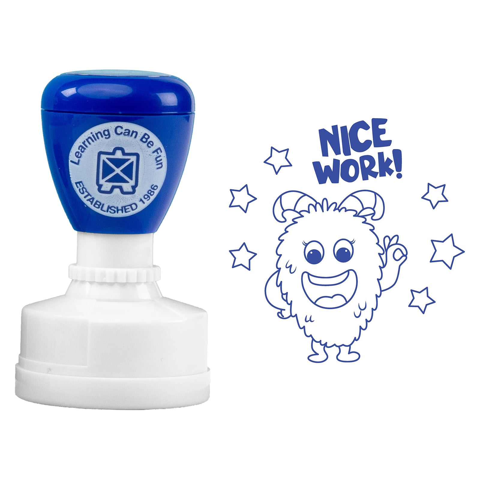 Product image showing the Nice Work self inking stamp alongside its blue stamped design on a clean background. The friendly character and surrounding stars create an engaging reward tool that promotes positive reinforcement in educational settings.