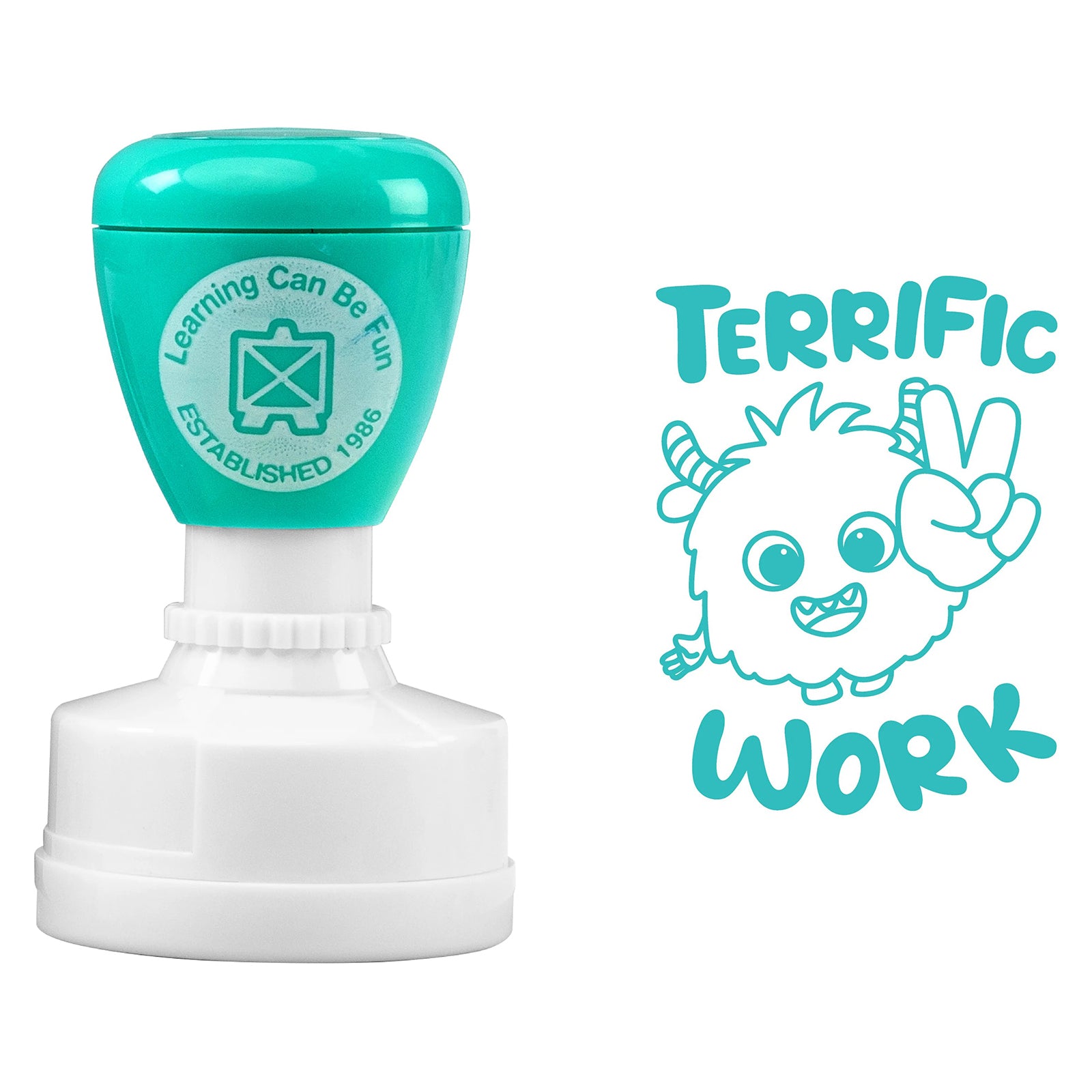 Product image showing the Terrific Work self inking stamp alongside its teal stamped design on a clean background. The friendly character and positive hand gesture highlight the encouraging nature of this classroom reward tool.