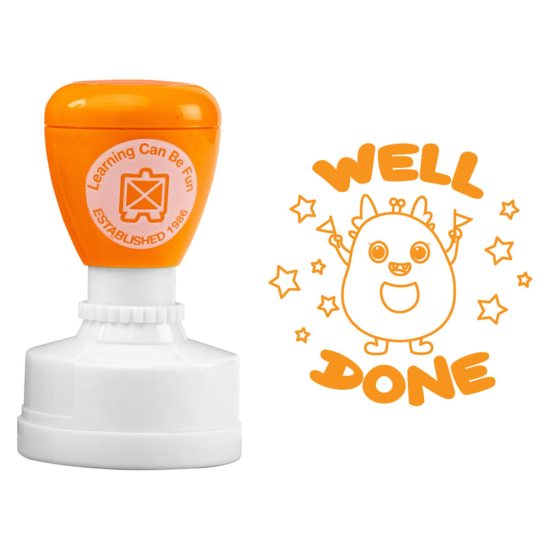 Product image showing the Well Done self inking stamp beside its orange stamped impression on a clean background. The fun character and star themed design create an engaging classroom reward tool that supports positive reinforcement.