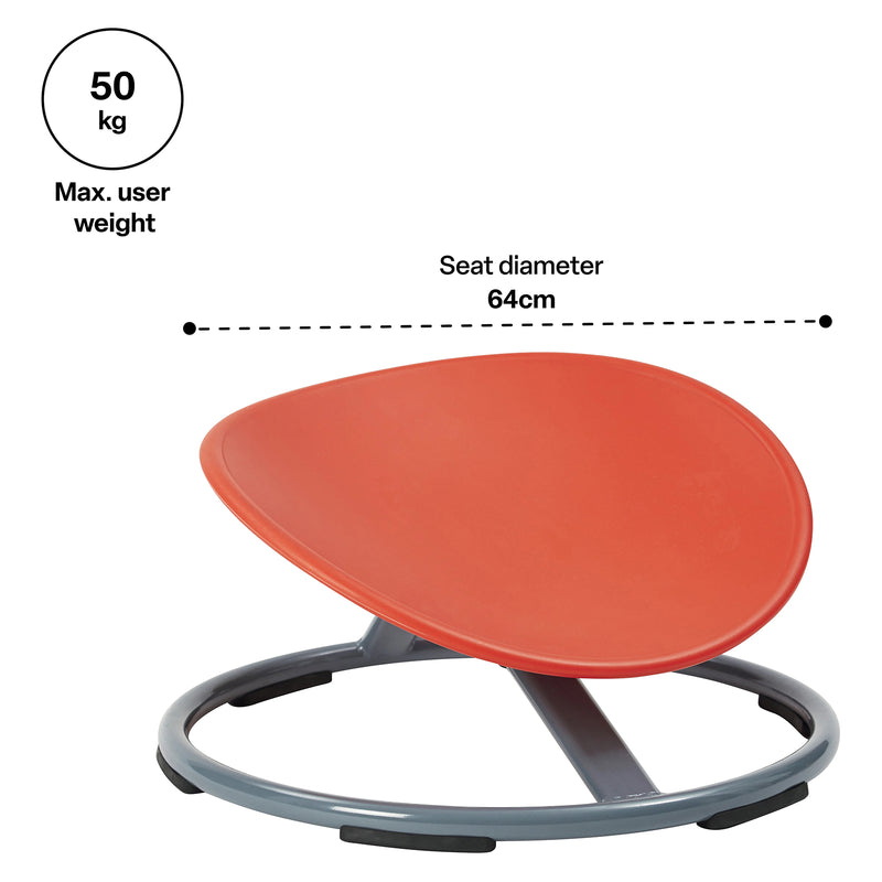 Gonge Balance Disc product information image showing the red spinning seat and grey circular base with a labelled 64cm seat diameter and maximum user weight of 50kg. The image provides a clear visual reference for the size and weight capacity when selecting the seat for an early learning or sensory environment.