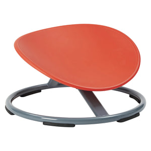 Clean product view of the Gonge Balance Disc on a white background, clearly displaying the angled red moulded seat, grey circular metal base, supporting frame and multiple black rubber feet. The unobstructed view makes the low profile spinning seat construction and stable base easy to assess before purchase.