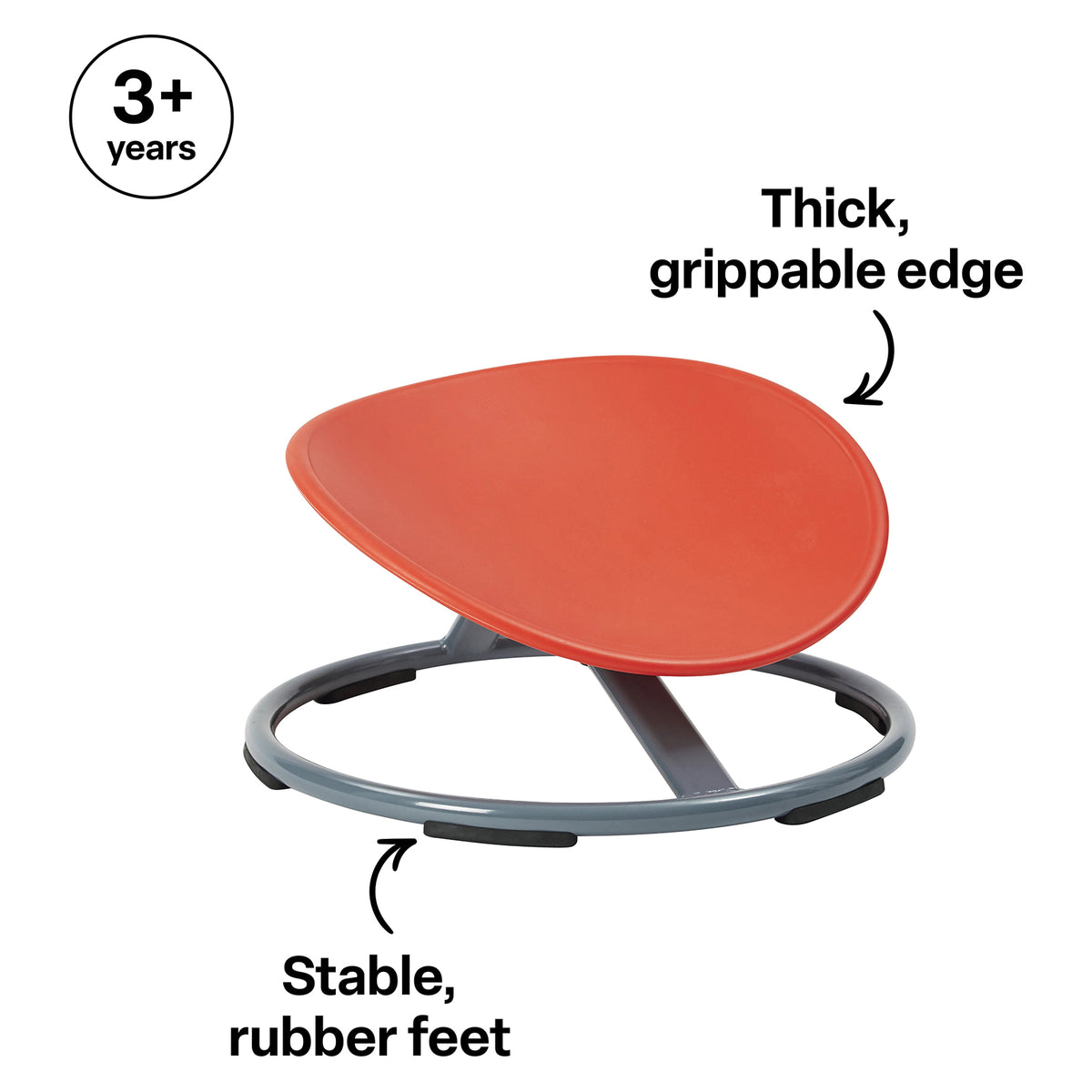 Gonge Balance Disc feature image highlighting suitability for children aged 3 years and over. The red angled seat is identified with a thick grippable edge, while the grey circular metal base is shown with stable rubber feet, helping illustrate important design features for supervised movement activities.
