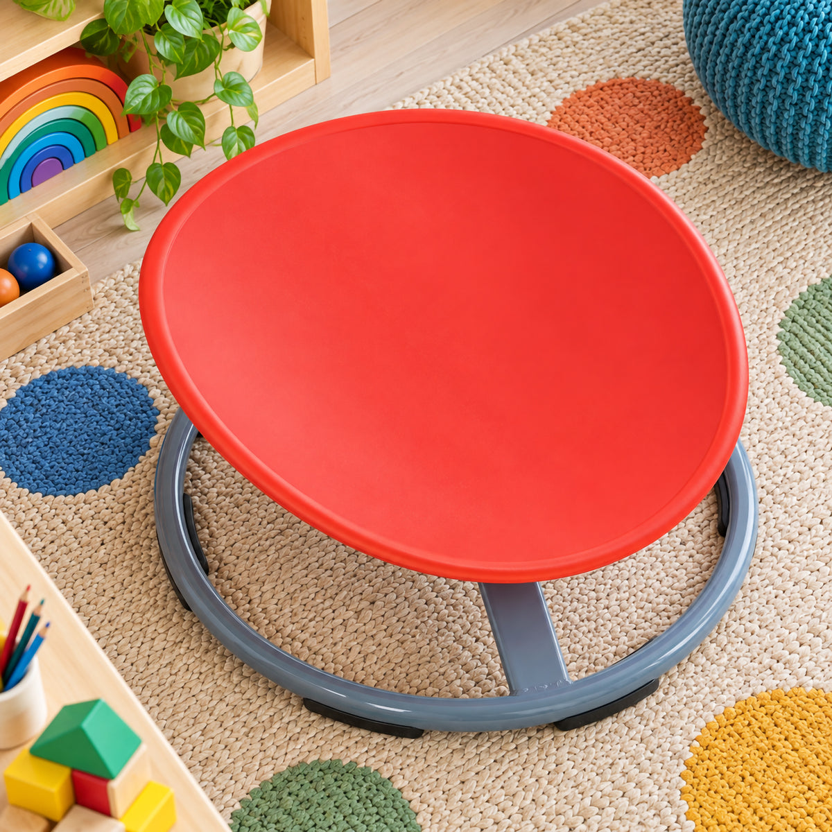 Top angled view of the Gonge Balance Disc positioned in a colourful early learning environment. The image clearly shows the broad red circular seat, raised grippable rim, grey circular metal support base and black rubber feet, with classroom resources surrounding the product to demonstrate its suitability for movement and sensory spaces.