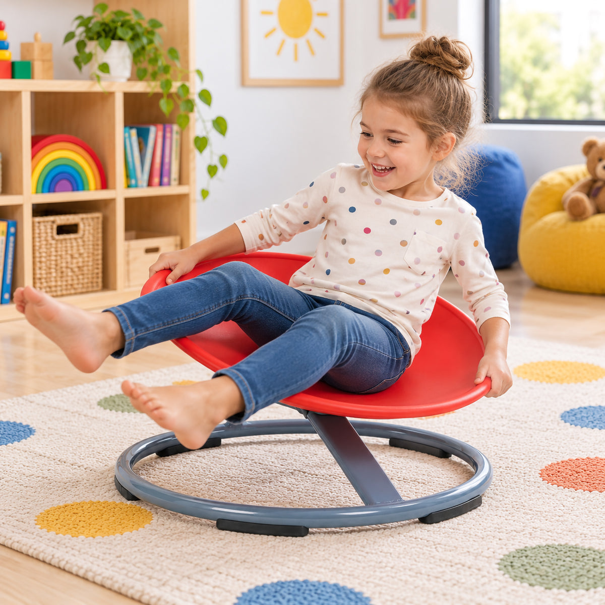 Child seated on the red Gonge Balance Disc in a bright early learning room, using the wide seat edge for support while exploring rotational movement. The circular grey metal base remains positioned on a patterned rug, demonstrating how the spinning seat can be incorporated into supervised classroom movement and balance activities.