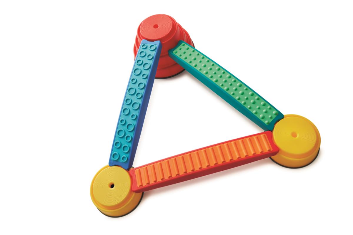 Gonge Tactile Planks in blue, green and orange joined in a triangle between a red and two yellow Build N' Balance tops, which are not included in this set