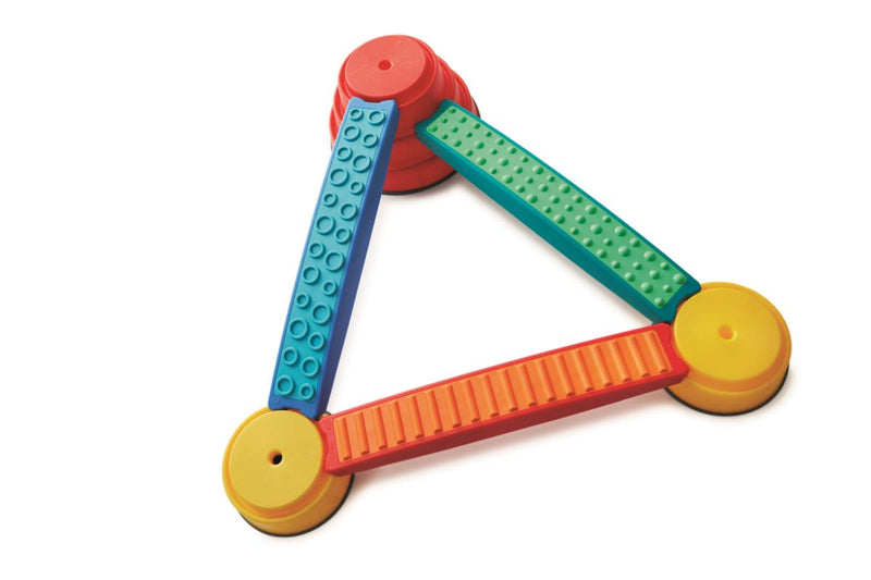 Gonge Tactile Planks in blue, green and orange joined in a triangle between a red and two yellow Build N' Balance tops, which are not included in this set