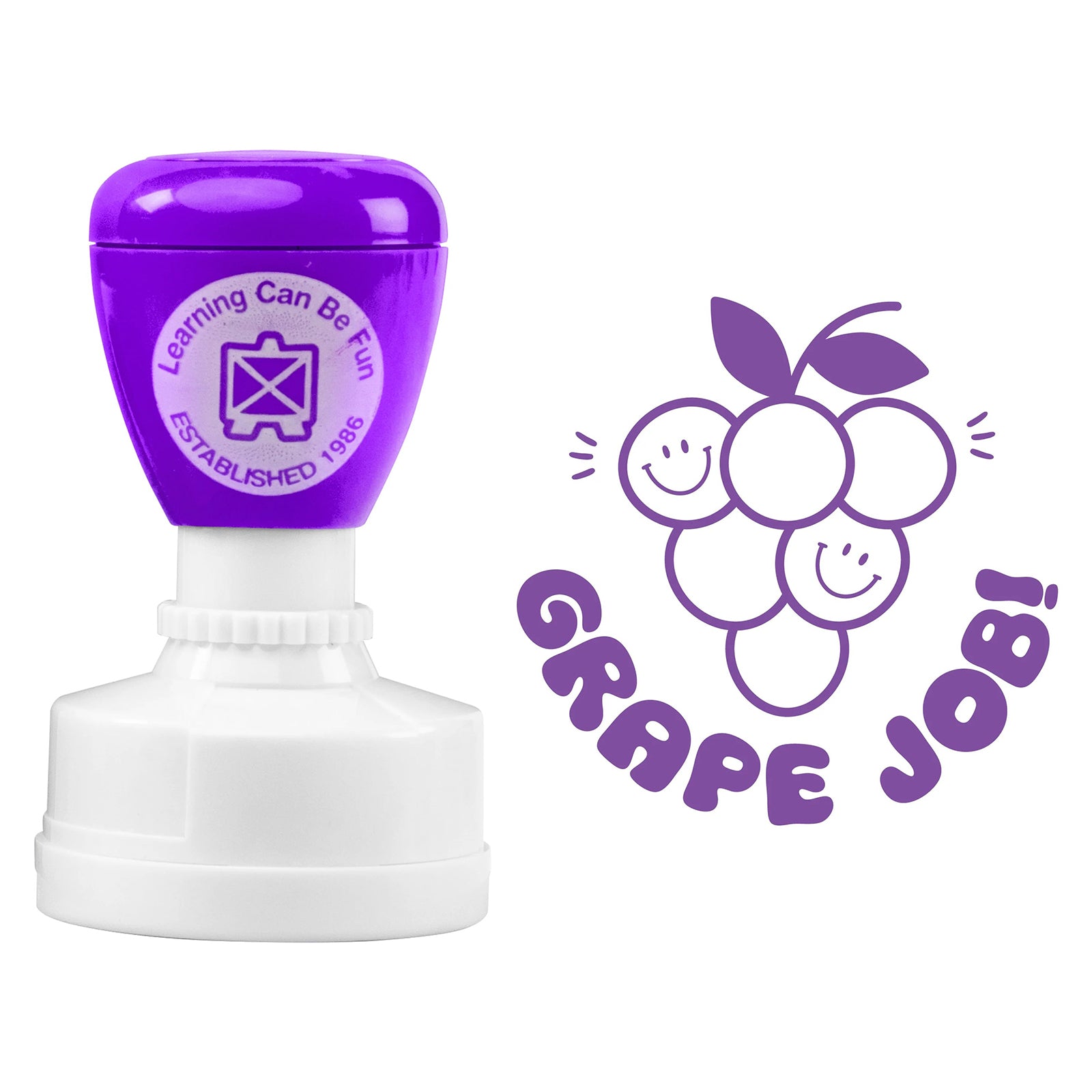 Product image showing the purple self inking stamp alongside the detailed Grape Job artwork. The playful grape character theme provides a friendly and motivating classroom reward solution.