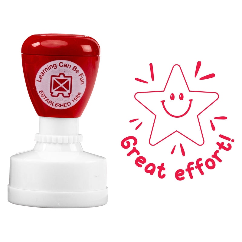 Product close up featuring the red self inking merit stamp alongside the smiling star artwork and Great Effort! message. The detailed design communicates encouragement, positivity and achievement.