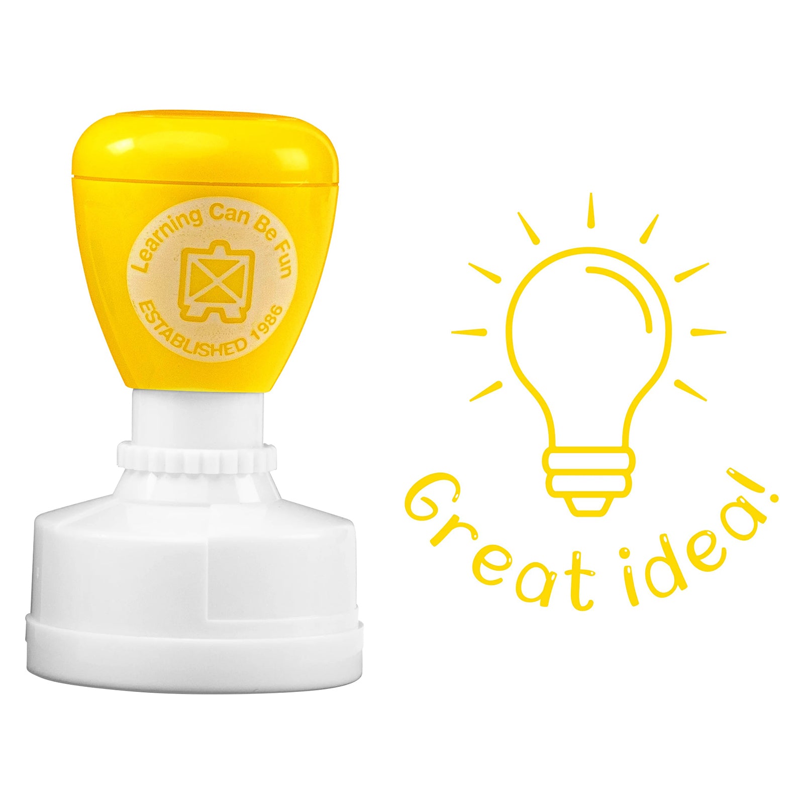 Product close up featuring the yellow self inking merit stamp alongside the detailed lightbulb artwork and Great Idea! message. The design communicates creativity, inspiration and positive educational feedback.