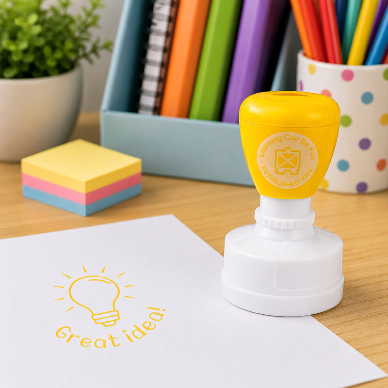 Self inking Great Idea reward stamp displayed with books, sticky notes and classroom supplies. The bright yellow impression showcases the lightbulb symbol, making it ideal for recognising original thinking and innovative ideas.