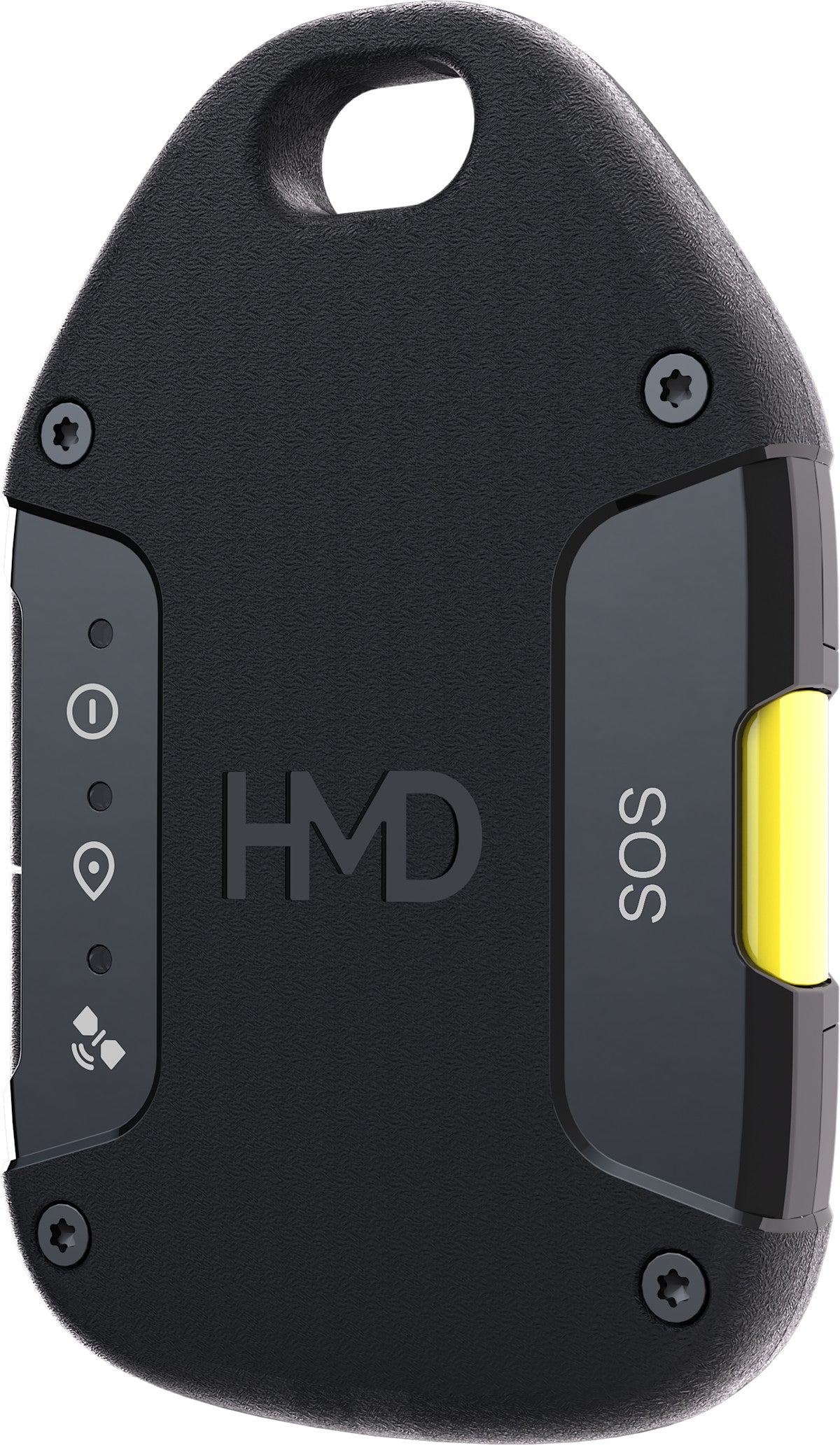 HMD OffGrid satellite communicator in Neon Black, front view with SOS beside the yellow button and power, location and satellite icons on the left panel